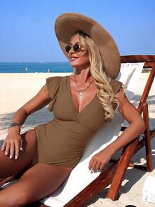 Swim Lushoire Women's Ruffled V-Neck Crossover One-Piece Swimsuit - Brown - View 11