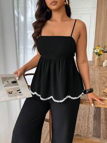 SHEIN PETITE CURVE Conjunto feminino plus size de duas peças com estampa de ondas e laços em cores contrastantes, cintura em linho sintético, ideal para o dia a dia na primavera/verão. - Preto - Ver 3