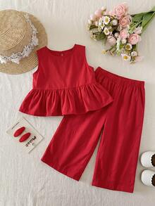 SHEIN Bộ áo không tay và quần cạp chun màu đỏ dễ thương cho bé gái, thích hợp cho mùa hè. - Đỏ - Xem 3