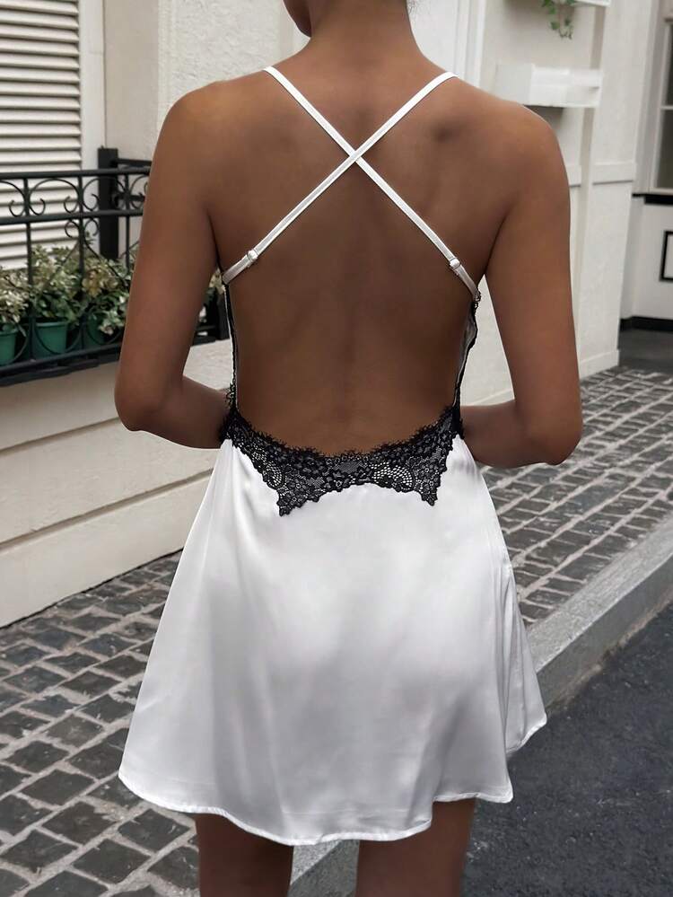 Women's White French Lace Backless Design Lace Patchwork Short Dress, Spring & Summer