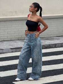 Jeans azules de algodón con estampado de leopardo, sueltos y casuales, adecuados para atuendos de primavera y verano - Azul 2 - Ver 5