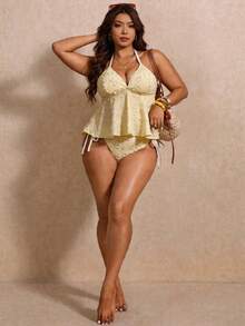 Elaquor Plus Size Contrast Trim Halter Backless Tankini Set Yellow Swimwear For Women Two Pieces Bathing Suit Tops Woman Summer Beach Vacation - Light Yellow - View 1