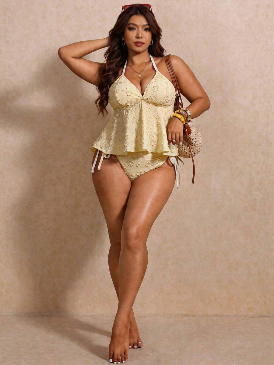 Elaquor Plus Size Contrast Trim Halter Backless Tankini Set Yellow Swimwear For Women Two Pieces Bathing Suit Tops Woman Summer Beach Vacation - Light Yellow - View 1