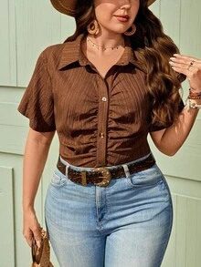 SHEIN LUNE Women's Plus Size Chocolate Brown Autumn Western Hiking Shirt,Pleated Short Sleeve Button Down Blouse,Slim Fit Elegant Chic Music Festival Outfits - Brown - View 8