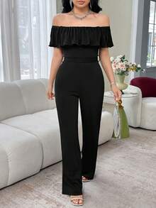 Feyla Elegant Off Shoulder Ruffle Collar Jumpsuit For Women, Everyday Wear - Black - View 5