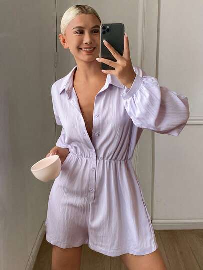 Livesso Women's Solid Color Long Sleeve Shirt Pajama Set With Shorts