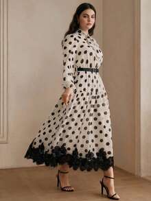 Anewsta Plus Size High-Quality Vintage Sweet Polka Dot Dress, Tie Waist Ruffle Hem Lace Trim Slimming Midi Dress, Suitable For Work And Dates, Spring To Summer - Black and White - View 1