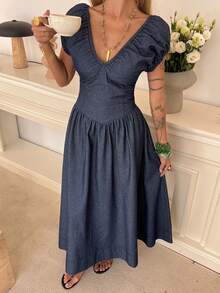 Livesso Vintage Washed Blue Casual Fitted Street Music Festival Chic V-Neck Waist Gathered Elegant Commute Women Denim Dress, Spring & Summer - Dark Wash - View 2