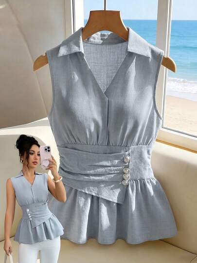 Franclia Áo kiểu nữ thời trang đa năng cài cúc, xếp ly, viền bèo nhún.
