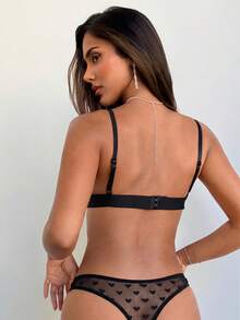 Aloruh Valentine's Day Sexy Sheer Heart Jacquard Mesh Wireless 2Pcs Lingerie Set - Black - View 3