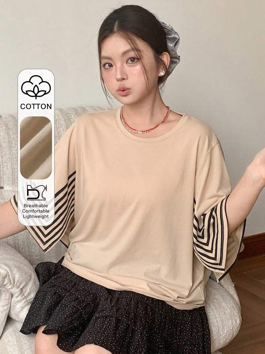 Dazy Plus Plus Size Women's Casual Loose Fit Crew Neck Striped Flare Sleeve All-Match T-Shirt, Spring/Summer - Beige - View 1