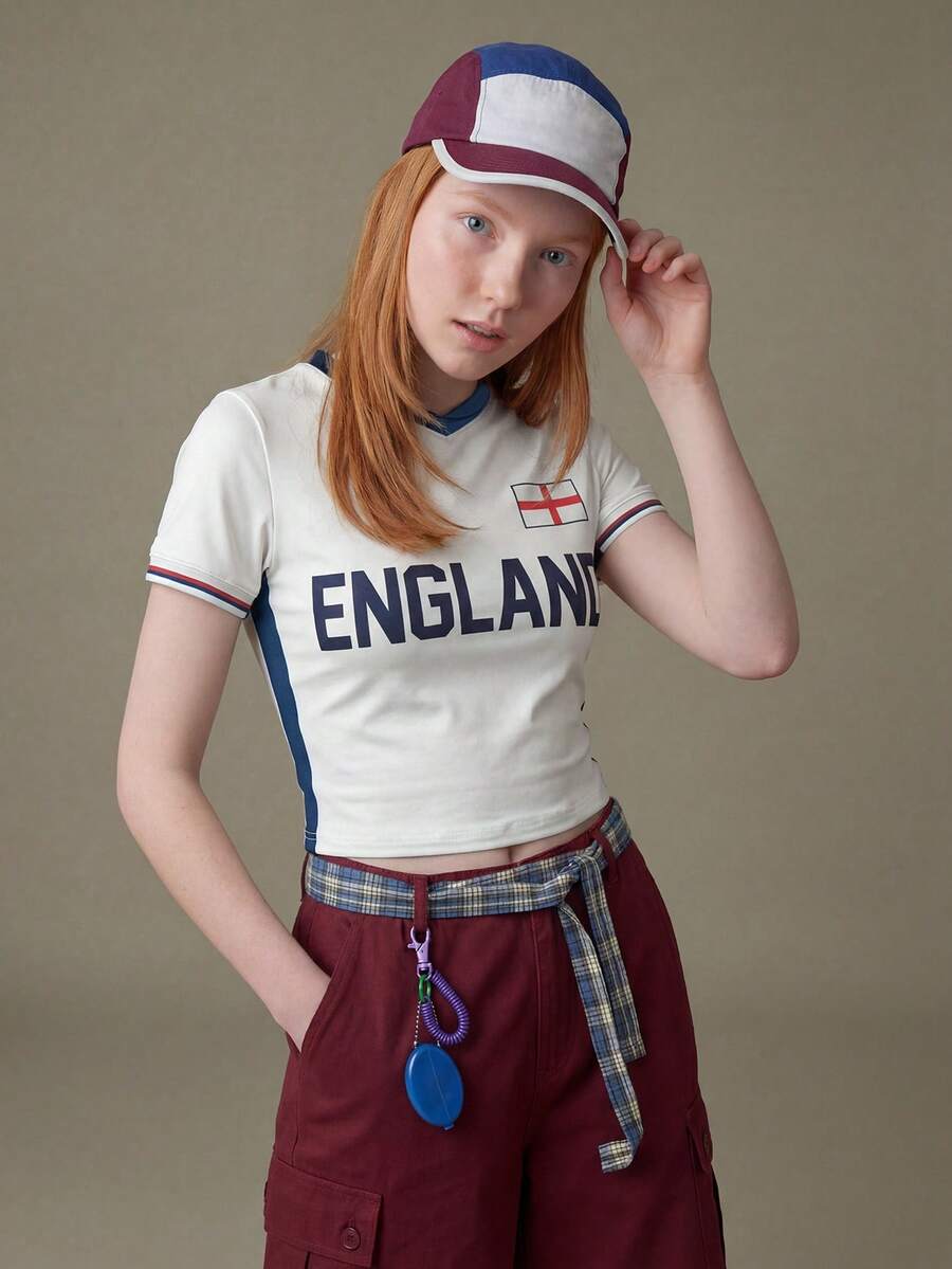 Elnivra 女士V领白色短袖T恤 - 白色 - 查看 1