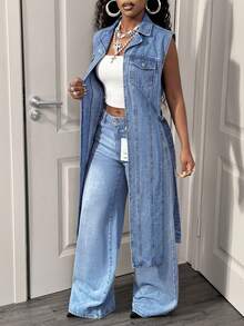Slaydiva Áo khoác denim dáng rộng màu xanh nhạt mới cho mùa hè - Màu xanh lam - Xem 3