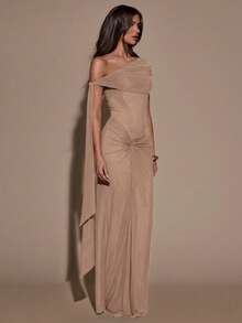 SHEIN BAE Đầm dự tiệc thanh lịch màu trơn dành cho nữ, kiểu dáng xếp ly, eo bất đối xứng. - Màu Khaki - Xem 5