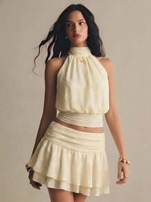 Poéselle Women's Ivory Jacquard Halter Bow-Tie Backless Blouson Top – Elegant High-Neck Summer Party Crop Halter Neck Top Backless Blouse Bow Tie Back Top Ivory Crop Top Elegant Summer Top Draped Halter Blouse Party Outfit Women Romantic Fashion Solid Color Halter Tie Backless Sexy Versatile Blouse For Dates & Outings Easter Outfits Festival Outfits Wedding Country Concert Outfit Yellow Top - Pale Yellow - View 5