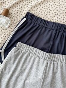 2pcs/Set Tween Girls' Fashionable Casual Colorblock Letter Print Fitted Shorts - Multicolor - View 5