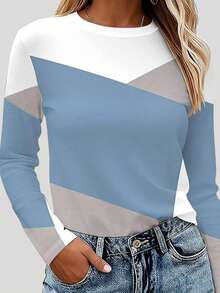 EMERY ROSE Women's Contrast Color Round Neck Casual Versatile Long Sleeve T-Shirt - Multicolor - View 5