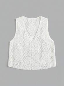 lacRébo Áo croptop ren guipure màu kem với chi tiết cúc phía trước, kiểu dáng không tay và họa tiết ren tinh tế, phong cách boho mùa xuân hè, thích hợp cho kỳ nghỉ, đi chơi, phong cách Pháp, Paris. - trắng - Xem 7