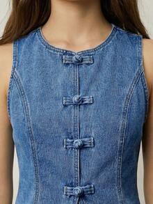 Poéselle Bộ đồ denim nữ cổ tròn cài cúc một hàng, gồm áo và quần, kiểu dáng thường ngày. - Rửa trung bình - Xem 3