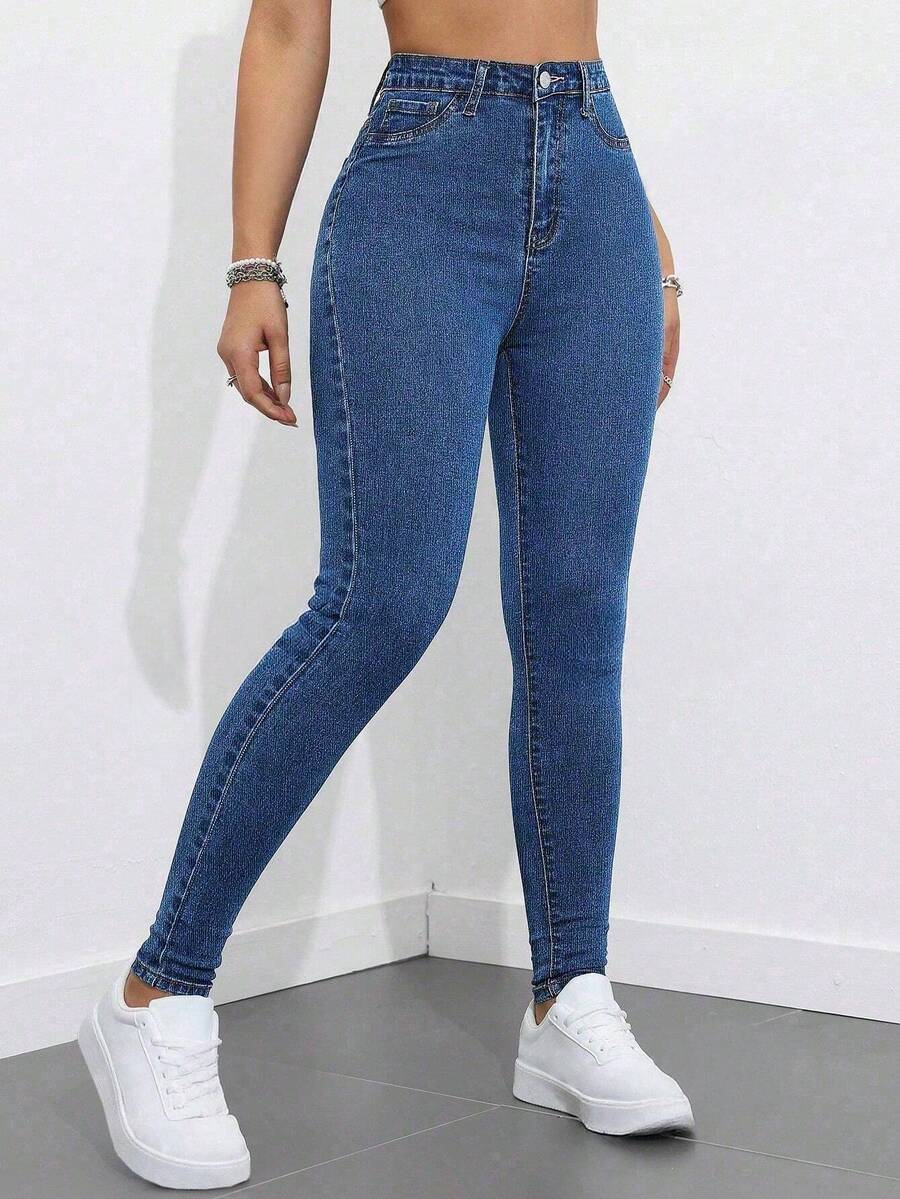SHEIN ICON 大码女式街头休闲弹力舒适深蓝色修身牛仔裤 - 中等水洗藍 - 查看 1