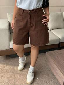 Dazy Plus 大码女式夏季休闲日常通勤百搭蝴蝶结刺绣宽松牛仔短裤 - 巧克力棕 - 查看 3