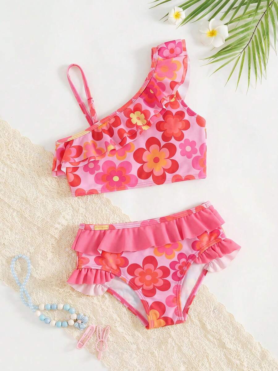 SHEIN 女童碎花荷叶边泳衣套装，夏季海滩度假 - 彩色 - 查看 1