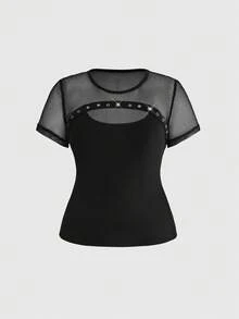 ROMWE Grunge Punk Festival Wear Plus Size Women's Punk Style Mesh Patchwork Perforated Design Short Sleeve T-Shirt, Summer - Black - View 1