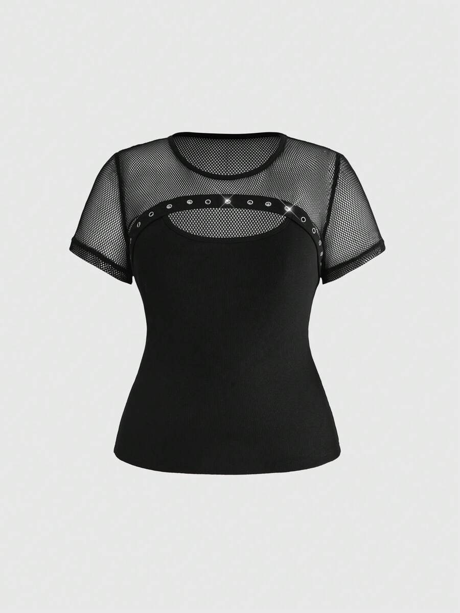 ROMWE Grunge Punk Festival Wear Plus Size Women's Punk Style Mesh Patchwork Perforated Design Short Sleeve T-Shirt, Summer - Black - View 1
