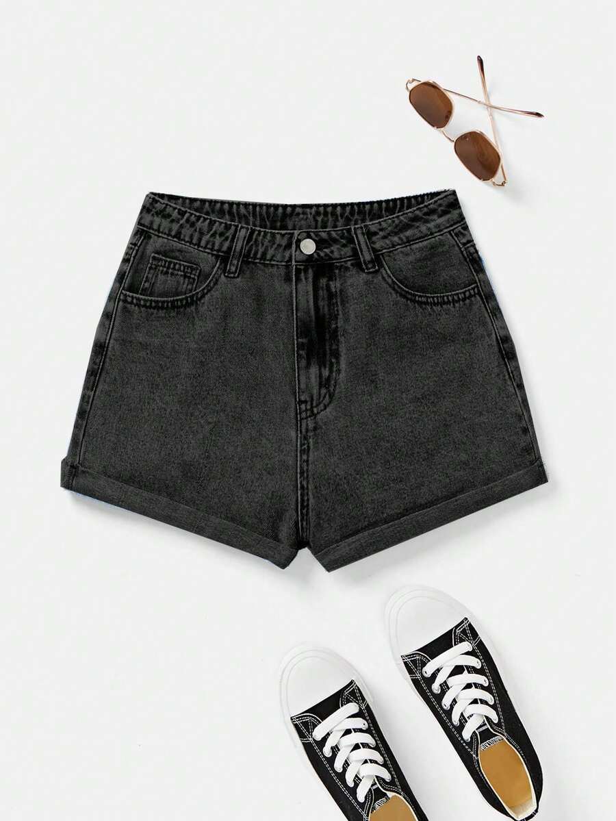 SHEIN 青少年(女孩)简约休闲牛仔短裤 - 黑色 - 查看 1