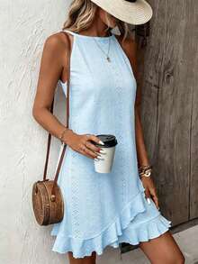 SHEIN Light Blue Summer Boho Holiday Vacation Holiday Ruffle Hem Sleeveless Dress Round Neck Solid Color Casual Sundress Cute Women Resort Cruise Outfits - Blue - View 3