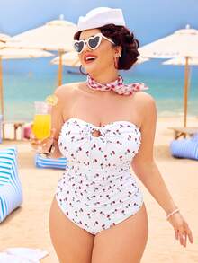 Swim Basics 大码女式樱桃印花抹胸连体泳衣 - 彩色 - 查看 4