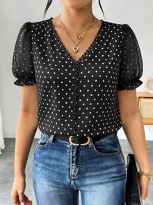 Gaivellea Women's Fashionable French Polka Dot Chiffon Blouse, Intellectual Elegant Short Sleeve Ruffle Design Shirt For Summer - Black - View 5