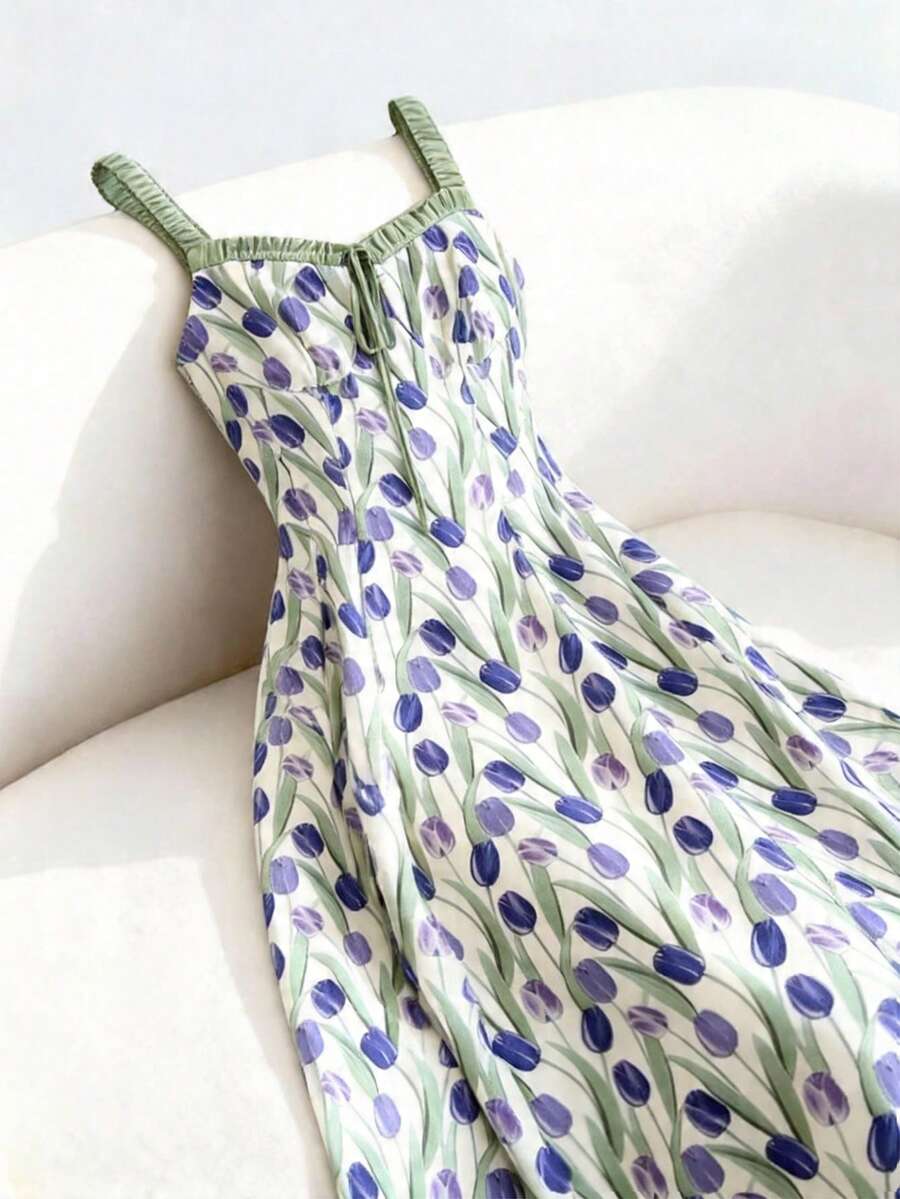 Qadelle Tulip Print Dress, Artistic Floral Sleeveless Summer Vacation Dress - Multicolor - View 1
