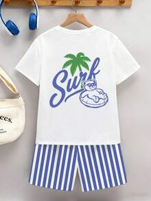 Conjunto de 2 piezas para niños preadolescentes, nueva moda SS26 Camiseta de manga corta con estampado casual cómodo y con personalidad de oso, monopatín y palmera a doble cara, combinada con pantalones cortos a rayas, conjunto de camiseta de manga corta y pantalones cortos casual, adecuado para salidas, ocio, vacaciones y otras ocasiones en primavera y verano - Multicolor - Ver 2