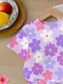 Baby Girl Casual Cute Floral Print Set, Lavender, Round Neck Short Sleeve T-Shirt And Leggings, Suitable For Spring And Summer - Multicolor - View 4