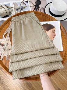 GlowEve CURVE Plus Size Women Casual Vacation Commute Gym Striped Lace Drawstring Waist Loose Wide Leg Pants Brown Autumn - Multicolor - View 2