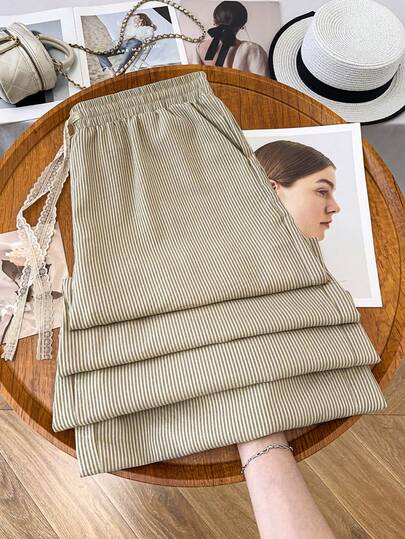 GlowEve CURVE 大码女式休闲度假通勤条纹蕾丝抽绳腰宽松阔腿裤