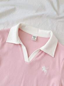 SHEIN Tween Girl/Tween Girls' Colorblock Knit Turtleneck Fitted T-Shirt With Small Logo Embroidery - Pink - View 4