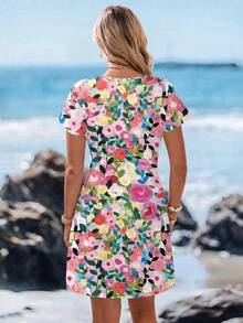 EMERY ROSE Vestido holgado de manga corta con bloque de color minimalista casual, adecuado para el verano, talla grande - Multicolor - Ver 2