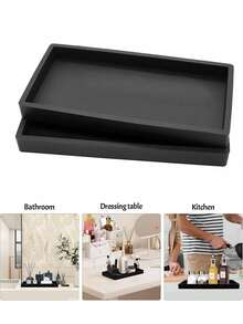 2pcs Set 7.9-Inch Black Bathroom Silicone Tray, Flexible Rectangular Soap Dish For Bathroom And Kitchen Countertop, Modern Minimalist Style Vanity Tray Storage Rack, Bathroom Accessories - Black Home Bathroom Decor Bathroom Organizer Fall Decor Back To School - multicolor - View 2