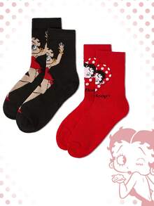 Betty Boop | ROMWE Bộ đôi tất Betty Boop màu đỏ và đen, gồm hai đôi, tất ống cỡ trung bình, rất thời trang và đa năng. - Đỏ - Xem 1