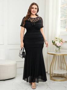 Reflora Plus Size Summer Elegant Contrast Lace 3D Floral Fishtail Hem Dress - Black - View 7