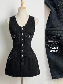 Elamini Women's Fashion Single-Breasted Sleeveless Denim Dress - Black - View 1