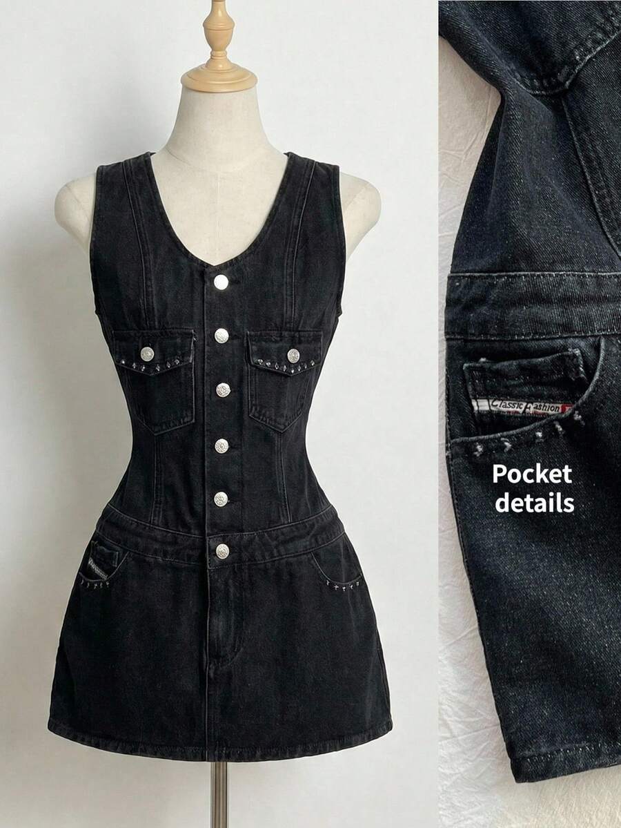 Elamini Women's Fashion Single-Breasted Sleeveless Denim Dress - Black - View 1