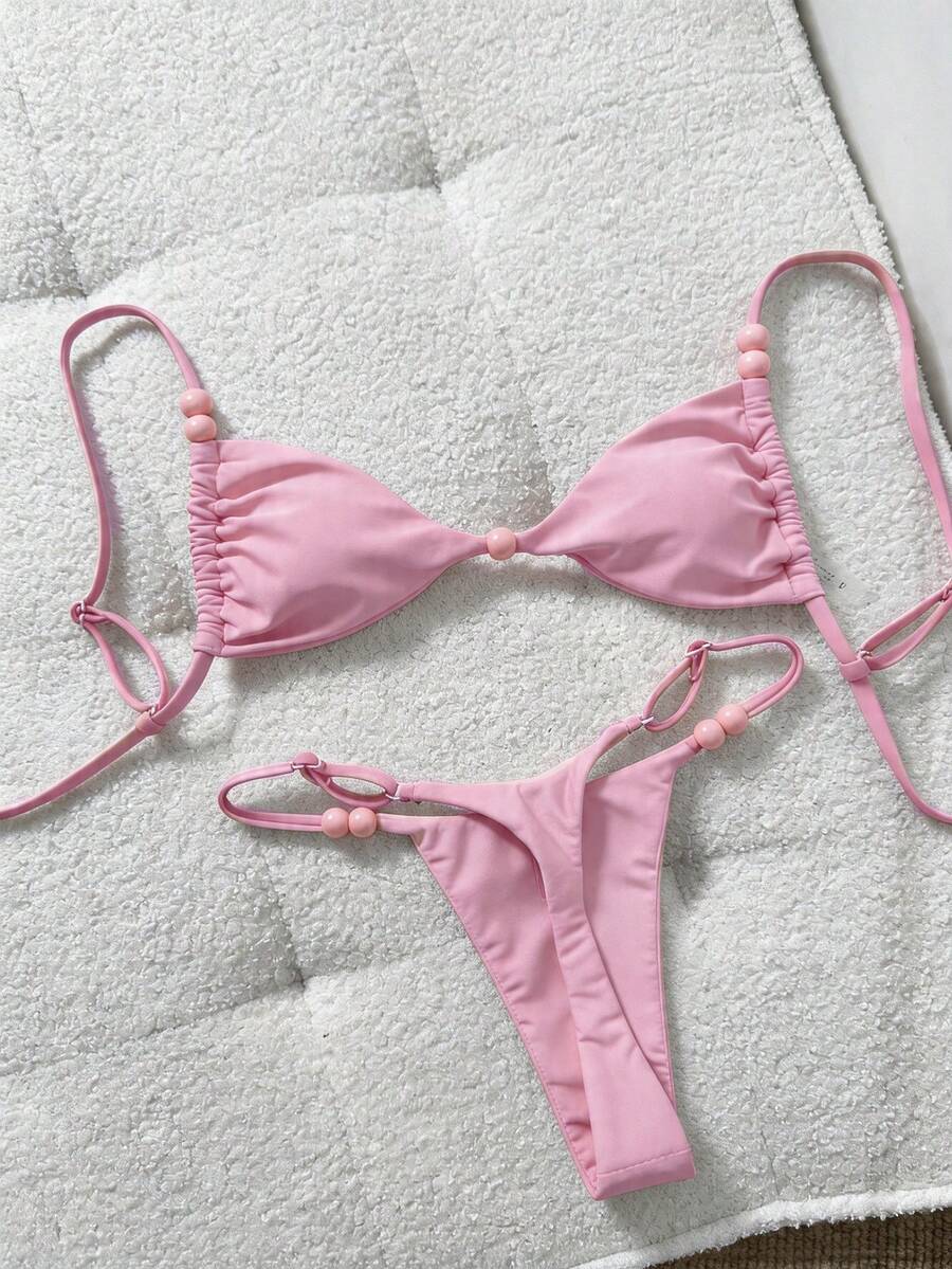 SHEIN Swim Mod Swim Mod-D 女士纯色细肩带红色串珠装饰比基尼套装，春夏款 - 粉色 - 查看 1