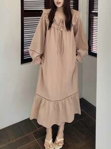 Dazy Plus Plus Size Women Ruffled Lantern Sleeve Long Nightgown, Sweet Home Dress For Spring & Summer Pajamas - Khaki - View 4