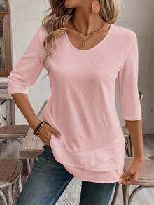 Women's V-Neck Hem Patchwork White Blouse - Pink - View 8