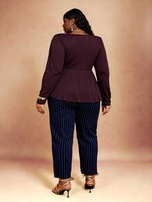CurvyTilda Plus Size Casual Solid Color Ruched Chest Ruffle Hem T-Shirt, Autumn, For Hourglow & Hourglass Body Shape - Coffee Brown - View 2