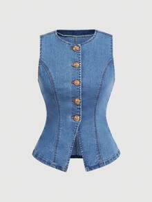 SHEIN MOD Áo sơ mi denim không tay cài cúc phía trước dành cho nữ, kiểu dáng thường ngày, thích hợp cho mùa hè. - Rửa trung bình - Xem 5