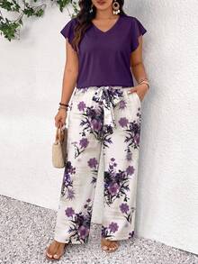 SHEIN Frenchy Bộ đồ 2 mảnh dành cho nữ cỡ lớn: Áo tay ngắn cổ chữ V trơn và quần in hoa, kiểu dáng thường ngày. - Nhiều màu - Xem 4